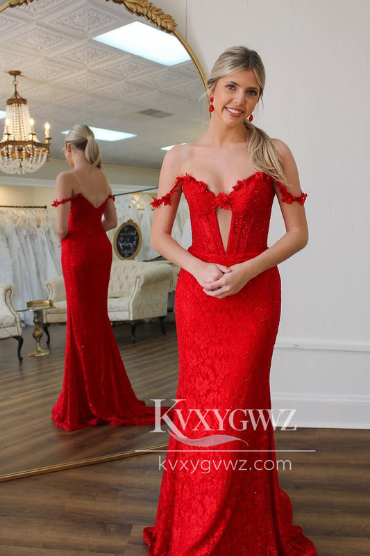 Mermaid Off the Shoulder Evening Gown Red Lace Long Prom Dress with Beads LF1370