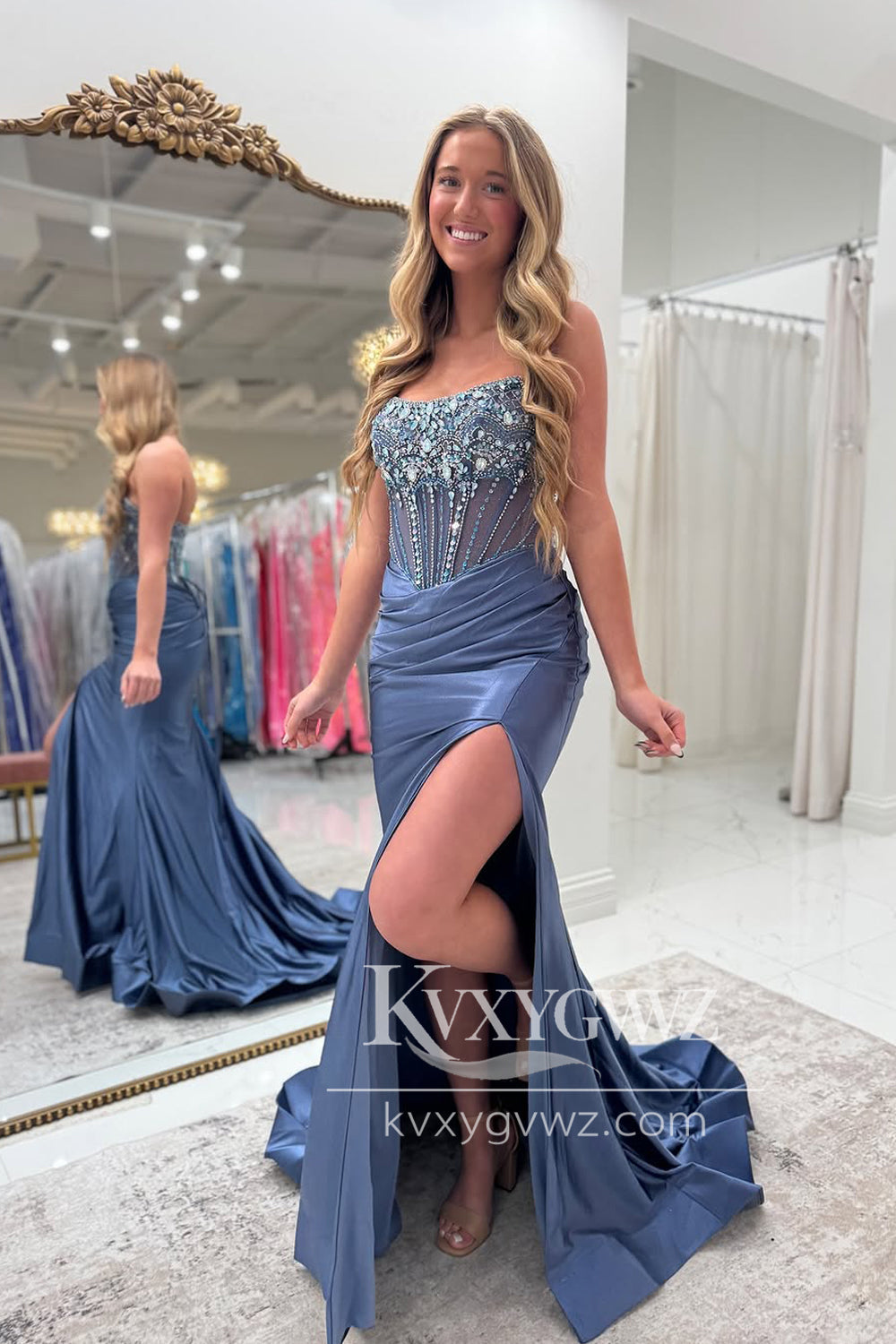 Mermaid Strapless Evening Gown Dark Navy Satin Long Prom Dress with Slit LF1371
