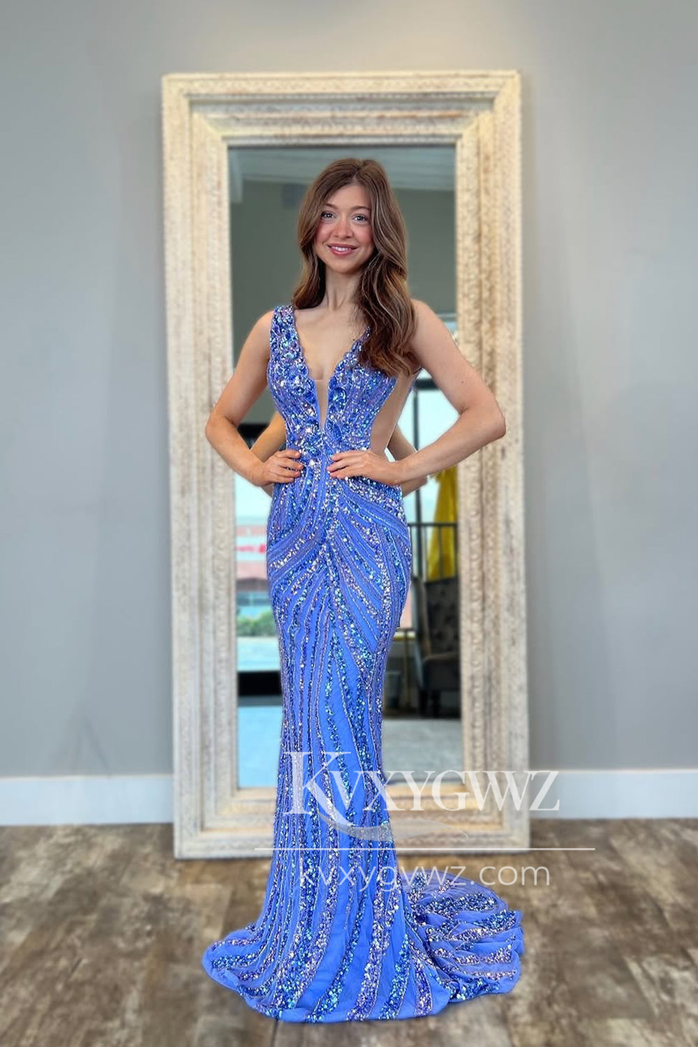 Mermaid Deep V Neck Evening Gown Blue Sequins Long Prom Dress With Slit LF1372