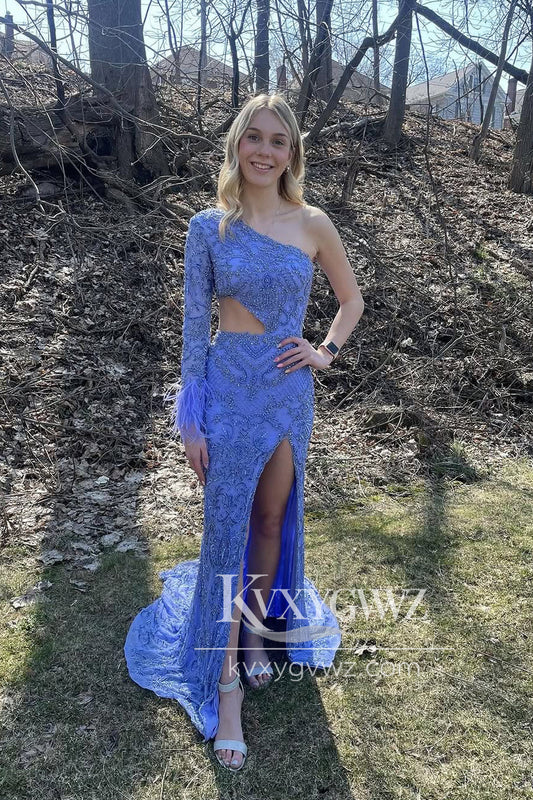 Mermaid One Shoulder Evening Gown Long Sleeve Lavender Sequins Long Prom Dress with Slit LF1373