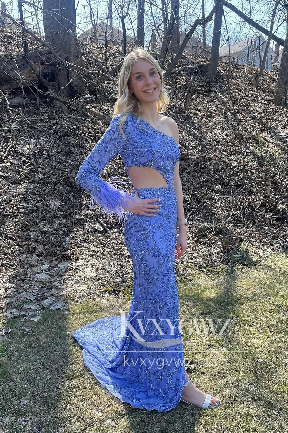 Mermaid One Shoulder Evening Gown Long Sleeve Lavender Sequins Long Prom Dress with Slit LF1373