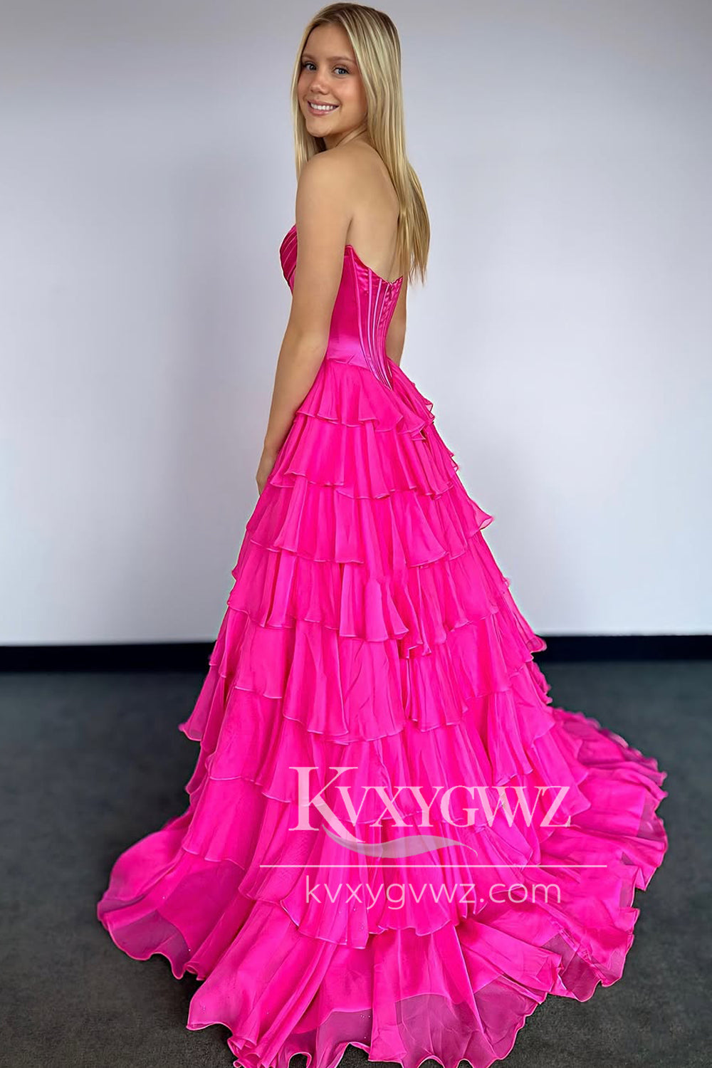 A-Line Sweetheart Evening Gown Ruffle Tiered Long Prom Dress with Slit LF1374