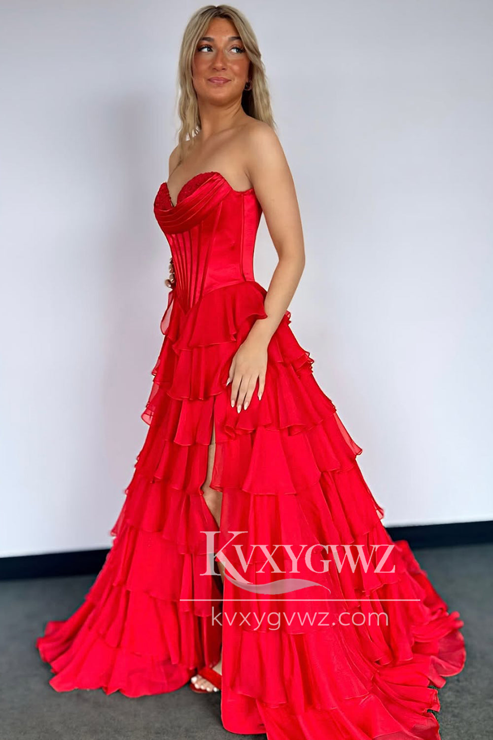 A-Line Sweetheart Evening Gown Ruffle Tiered Long Prom Dress with Slit LF1374