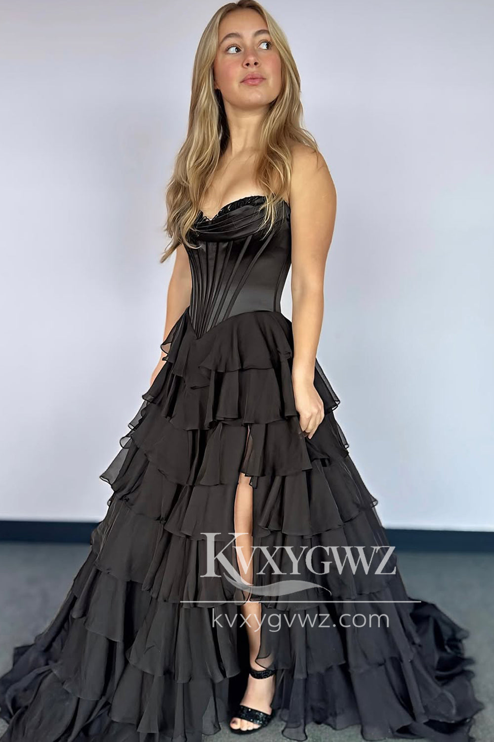 A-Line Sweetheart Evening Gown Ruffle Tiered Long Prom Dress with Slit LF1374