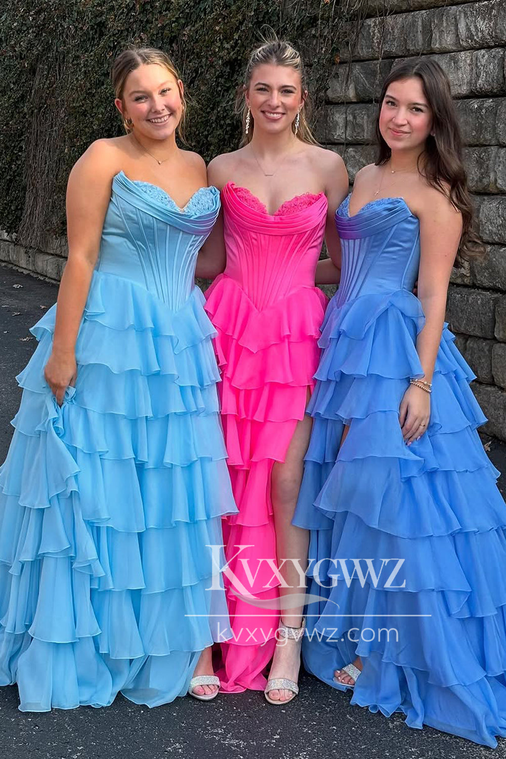 A-Line Sweetheart Evening Gown Ruffle Tiered Long Prom Dress with Slit LF1374