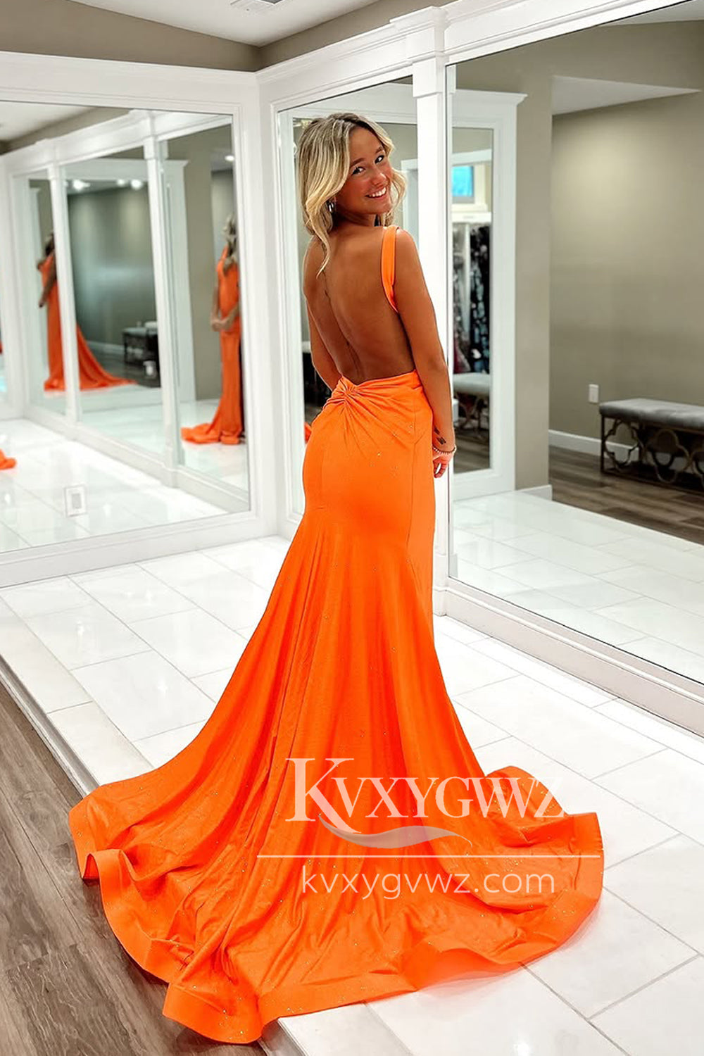 Stunning Mermaid Evening Gown V Neck Orange Satin Long Prom Dress with Slit LF1375