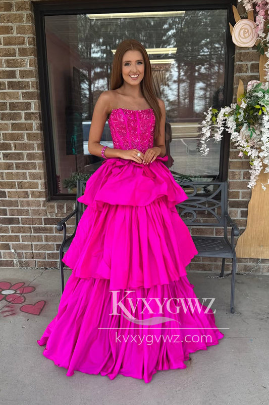 Fuchsia A Line Strapless Evening Gown Satin Prom Dress with Beading LF1376