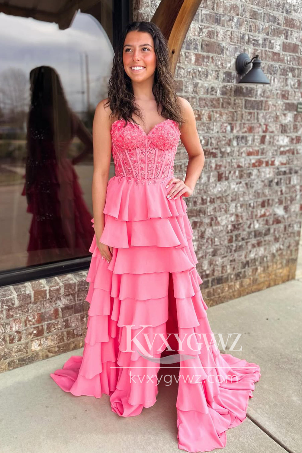 Stunning A-Line Sweetheart Evening Gown Pink Ruffle Tiered Long Prom Dress with Slit LF1378
