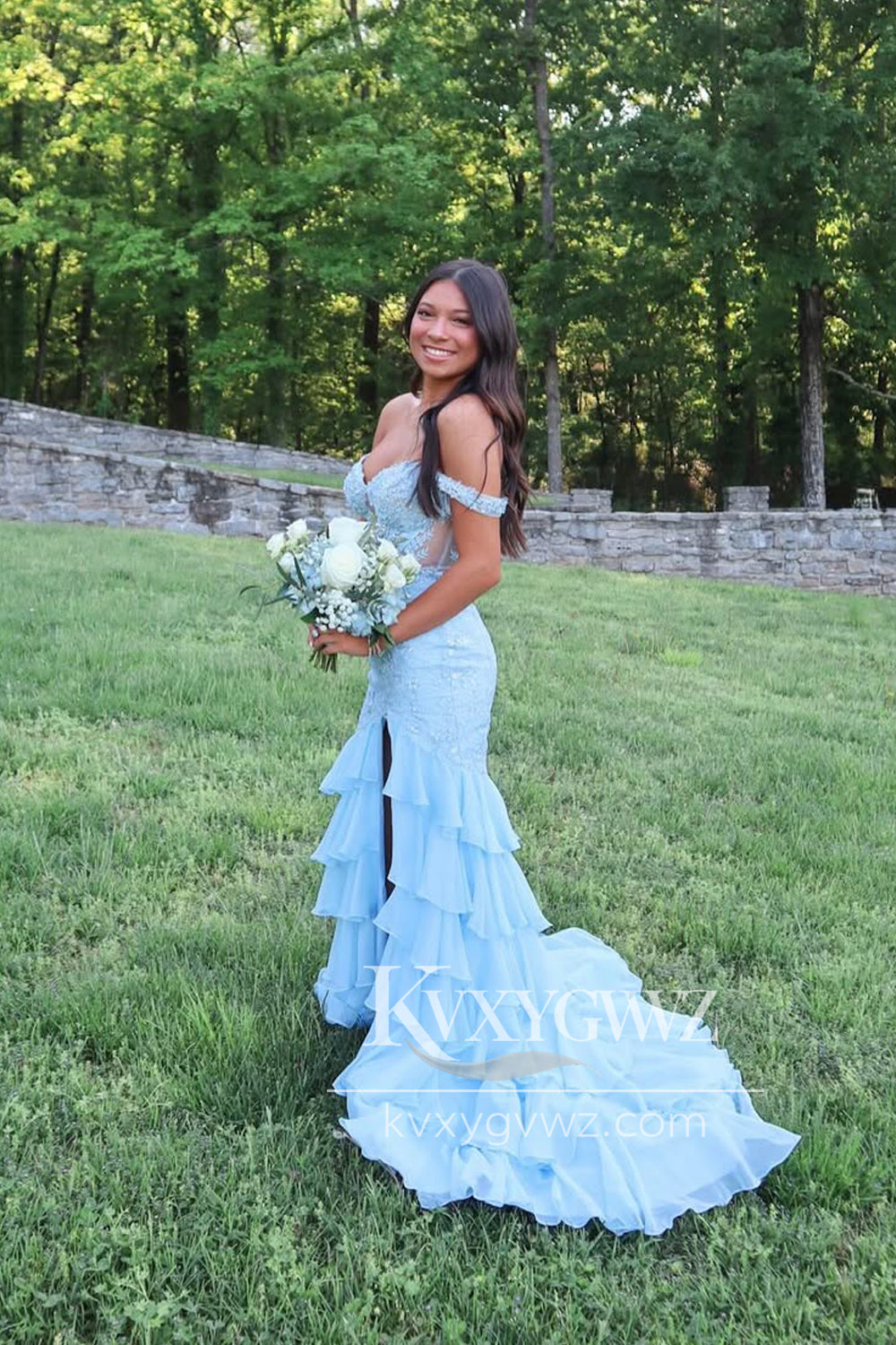 Stunning Mermaid Evening Gown Off the Shoulder Light Blue Tiered Prom Dress with Slit LF1379