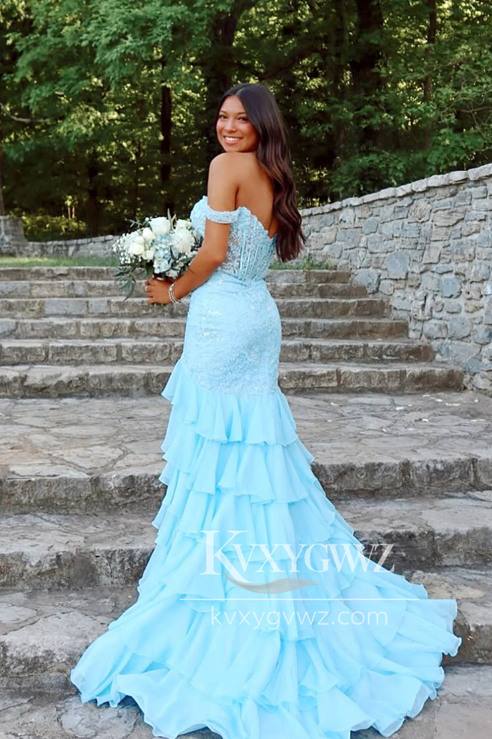 Stunning Mermaid Evening Gown Off the Shoulder Light Blue Tiered Prom Dress with Slit LF1379