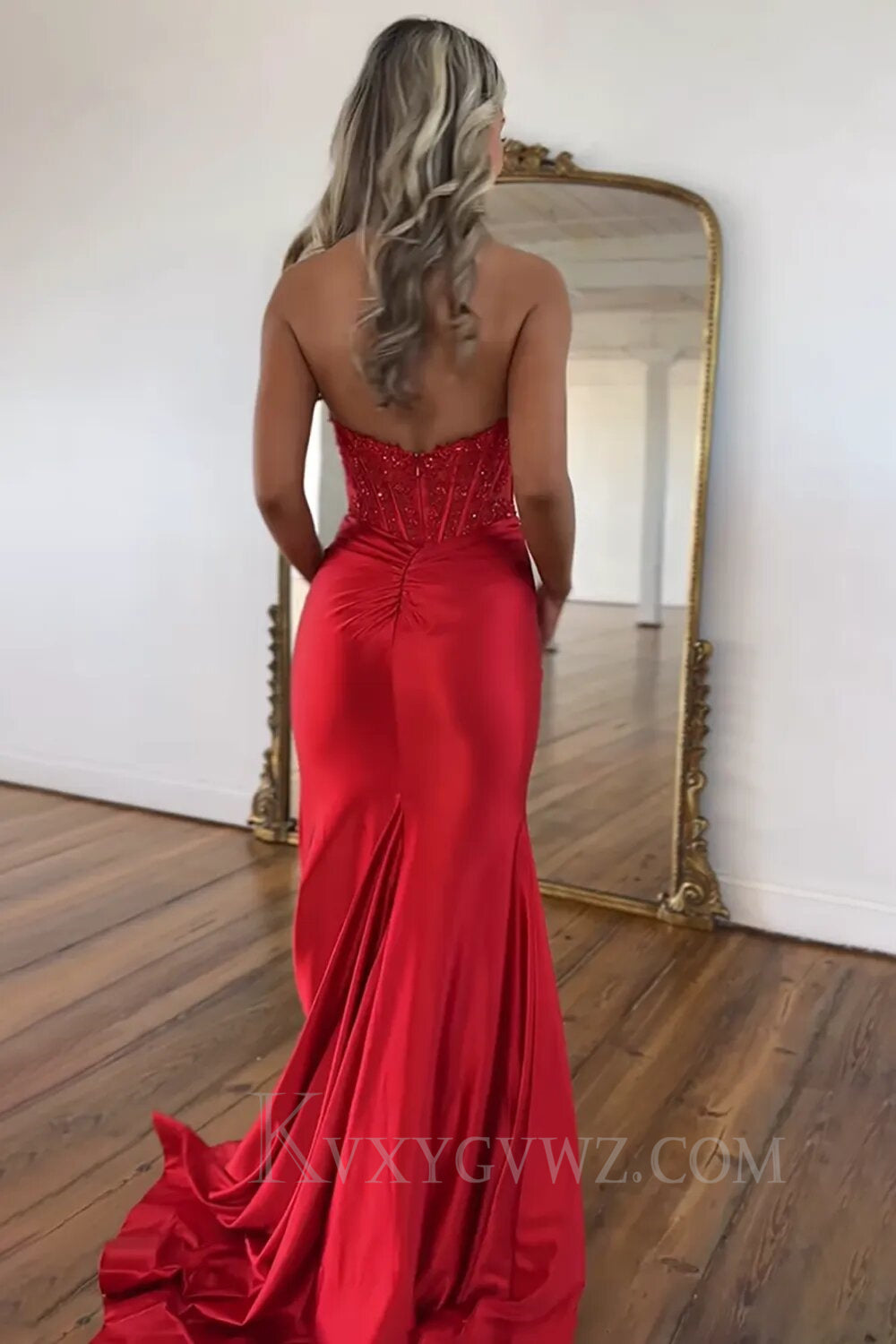 Red Halter Deep V-neck Lace Corset Prom Dress with Slit LF138  KVXYGVWZ