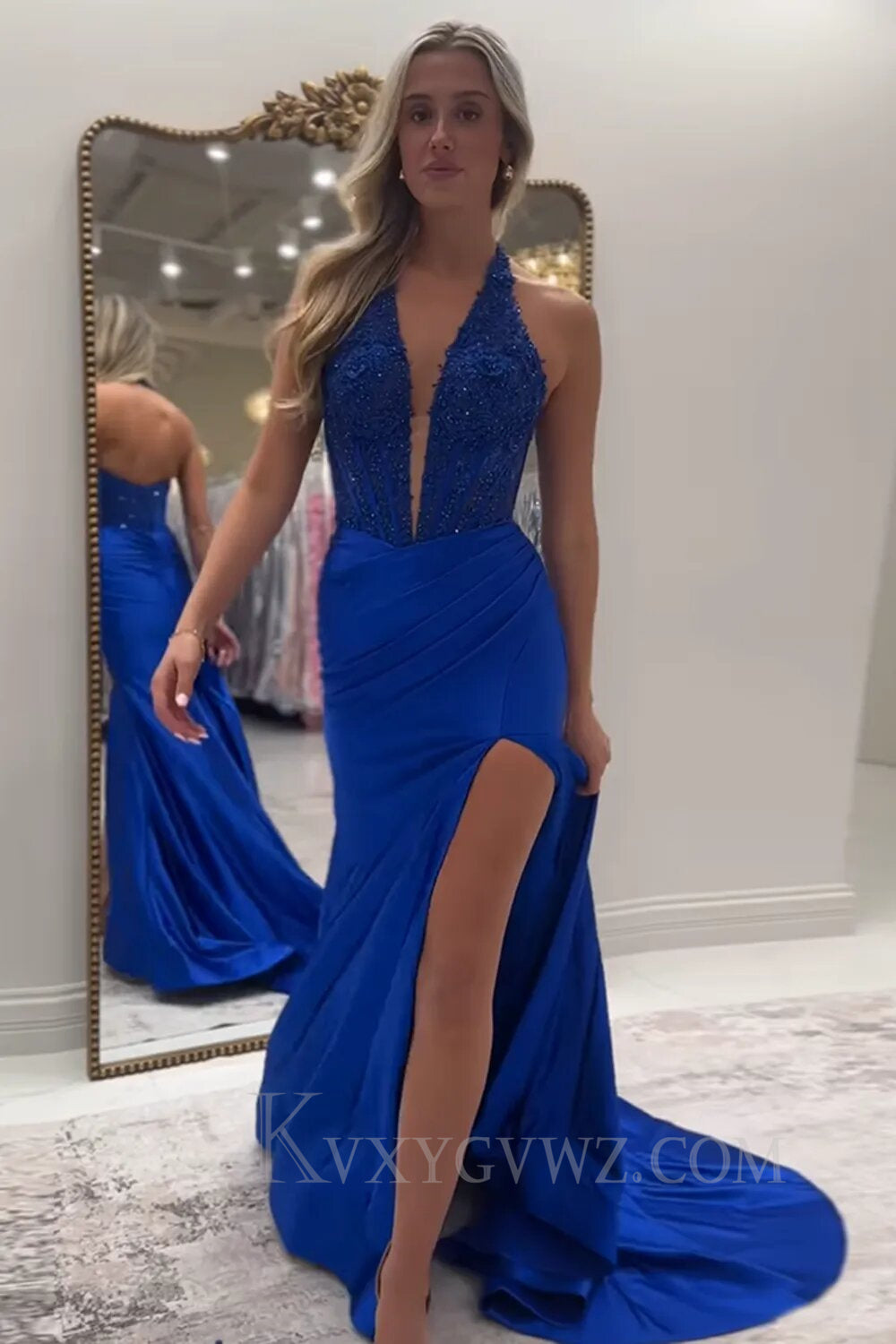 Red Halter Deep V-neck Lace Corset Prom Dress with Slit LF138