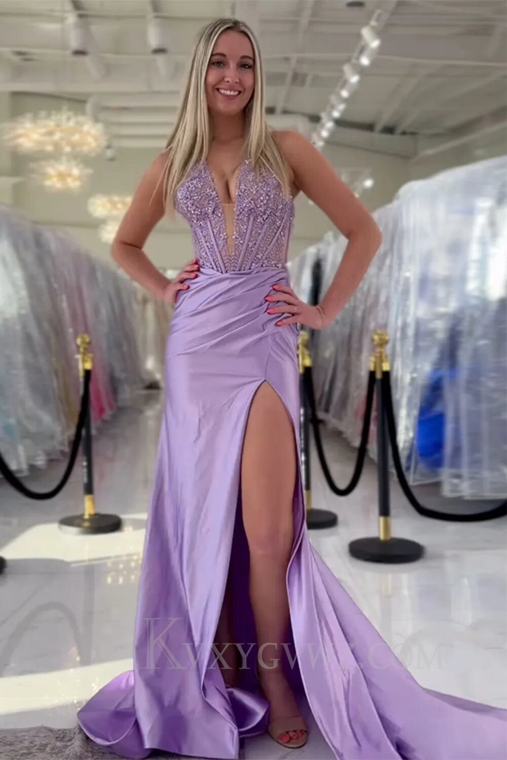 Red Halter Deep V-neck Lace Corset Prom Dress with Slit LF138