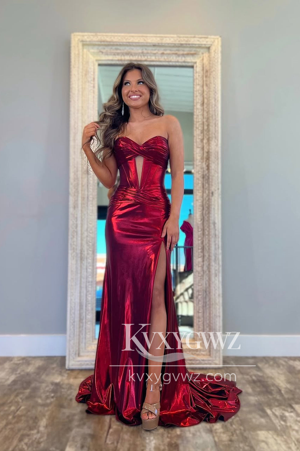 Mermaid Strapless Keyhole Evening Gown Burgundy Satin Long Prom Dress with Slit LF1380