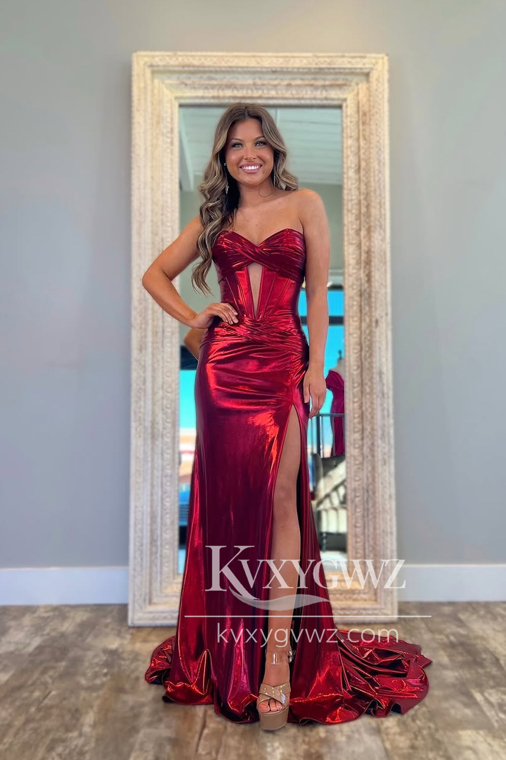 Mermaid Strapless Keyhole Evening Gown Burgundy Satin Long Prom Dress with Slit LF1380
