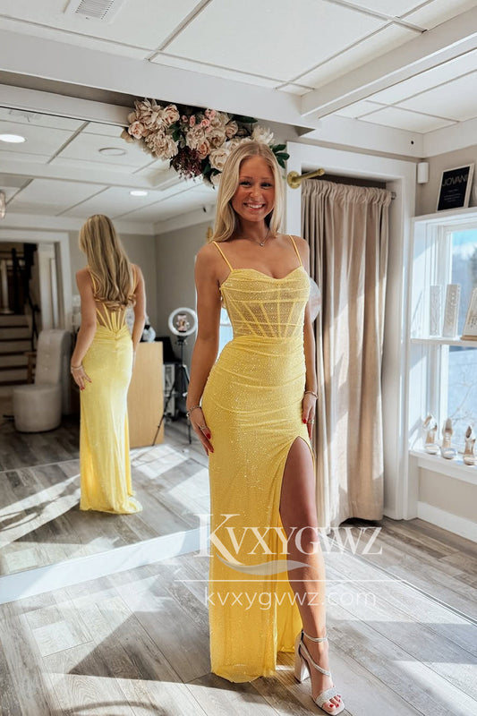 Spaghetti Strap Mermaid Evening Gown Sweetheart Yellow Sequins Long Prom Dress with Slit LF1381