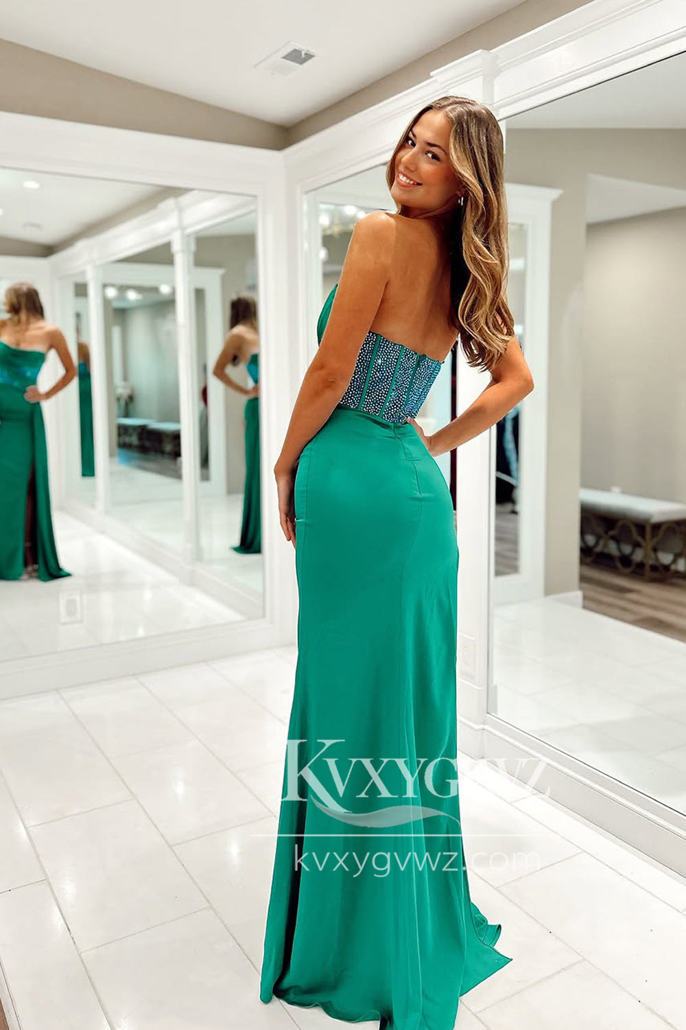 Mermaid Strapless Evening Gown Green Satin Long Prom Dress with Slit LF1382