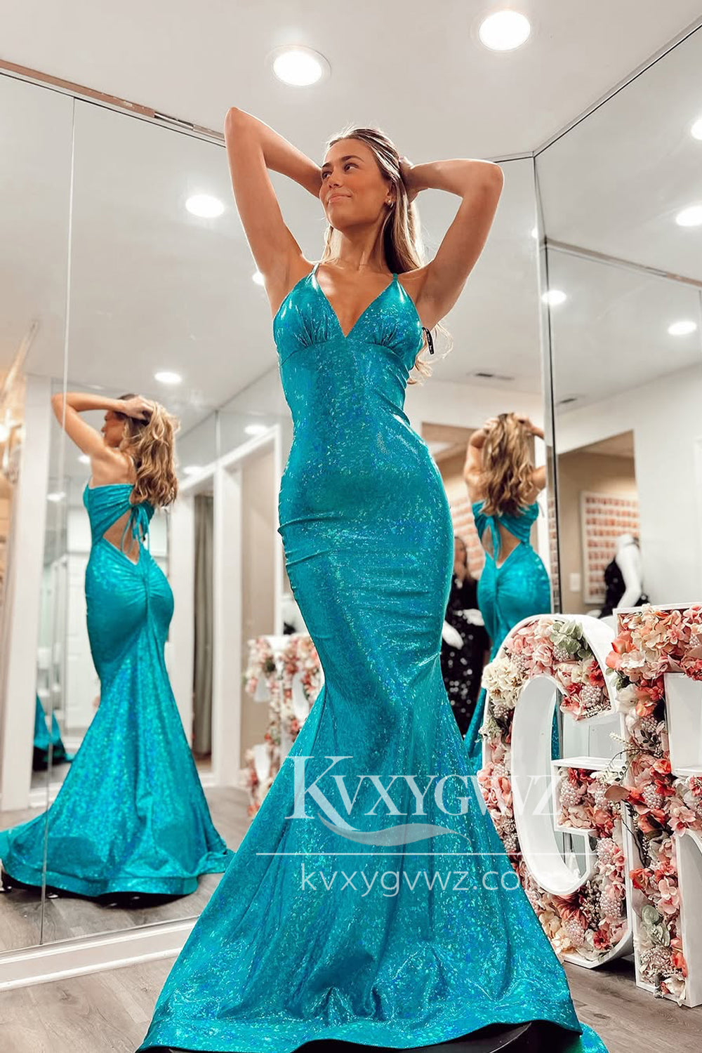 Spaghetti Strap Mermaid Evening Gown Halter Blue Sequins Long Prom Dress LF1383