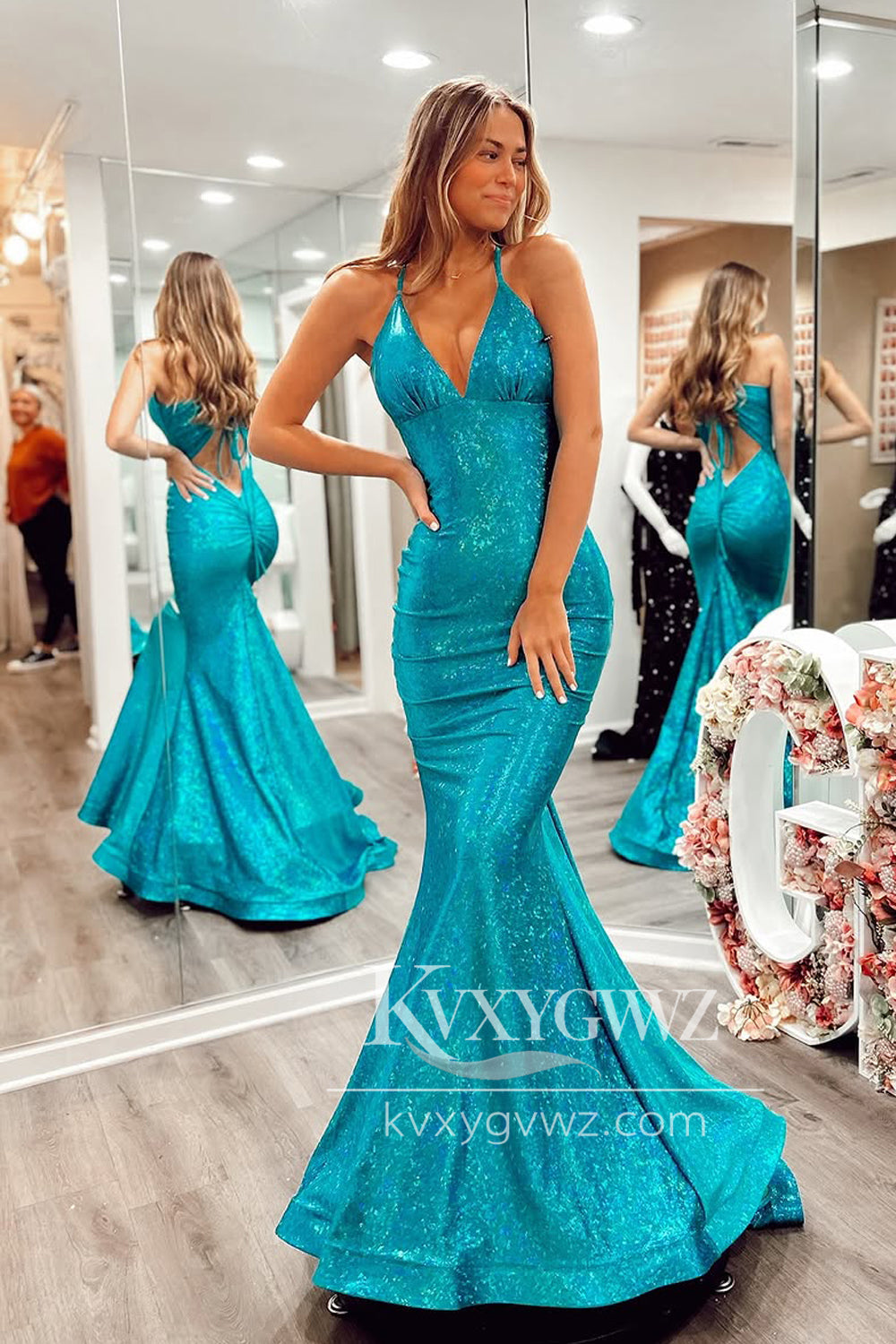Spaghetti Strap Mermaid Evening Gown Halter Blue Sequins Long Prom Dress LF1383