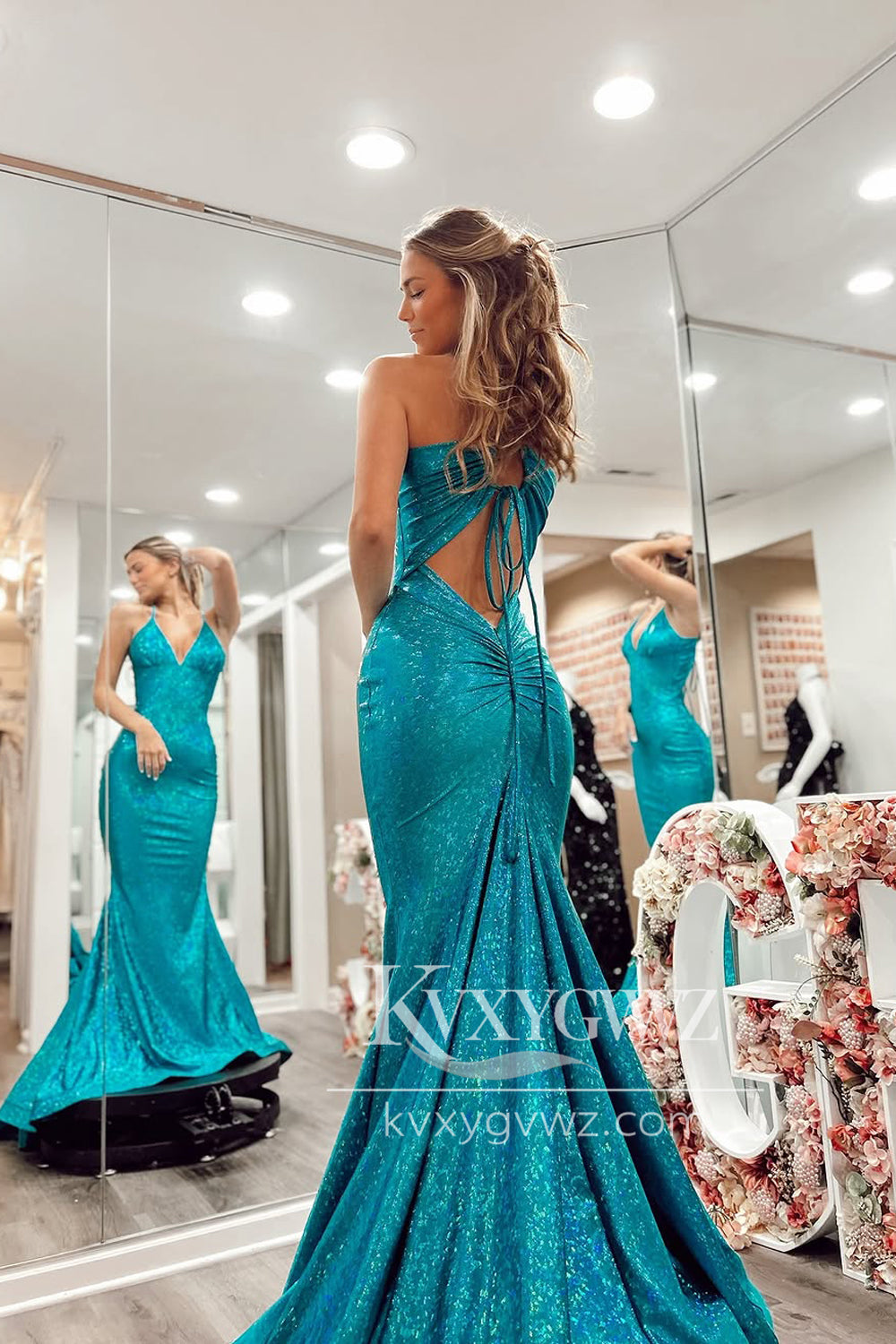 Spaghetti Strap Mermaid Evening Gown Halter Blue Sequins Long Prom Dress LF1383