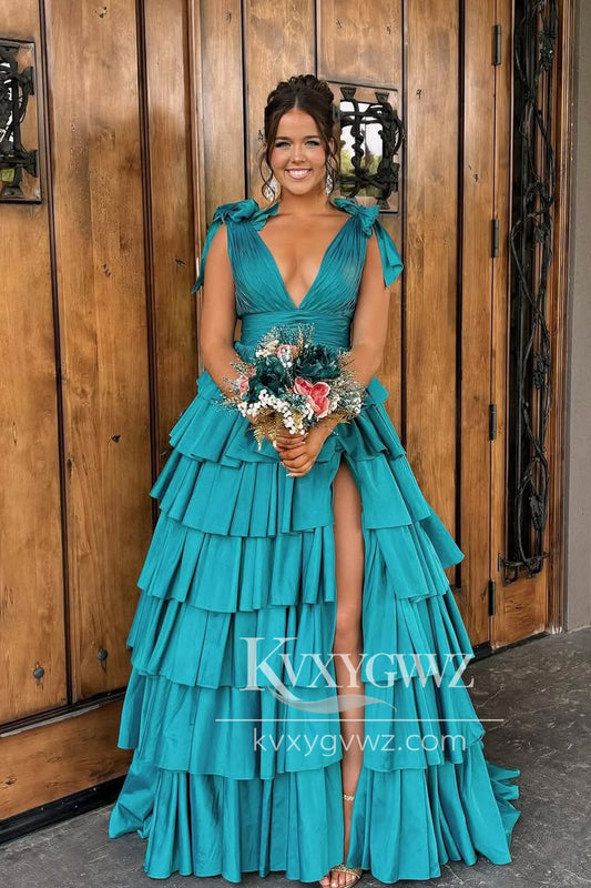 Stunning A Line V Neck Evening Gown Peacock Blue Taffeta Tiered Prom Dress with Slit LF1385