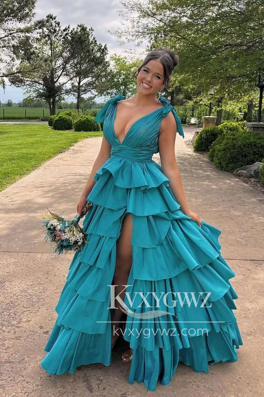Stunning A Line V Neck Evening Gown Peacock Blue Taffeta Tiered Prom Dress with Slit LF1385