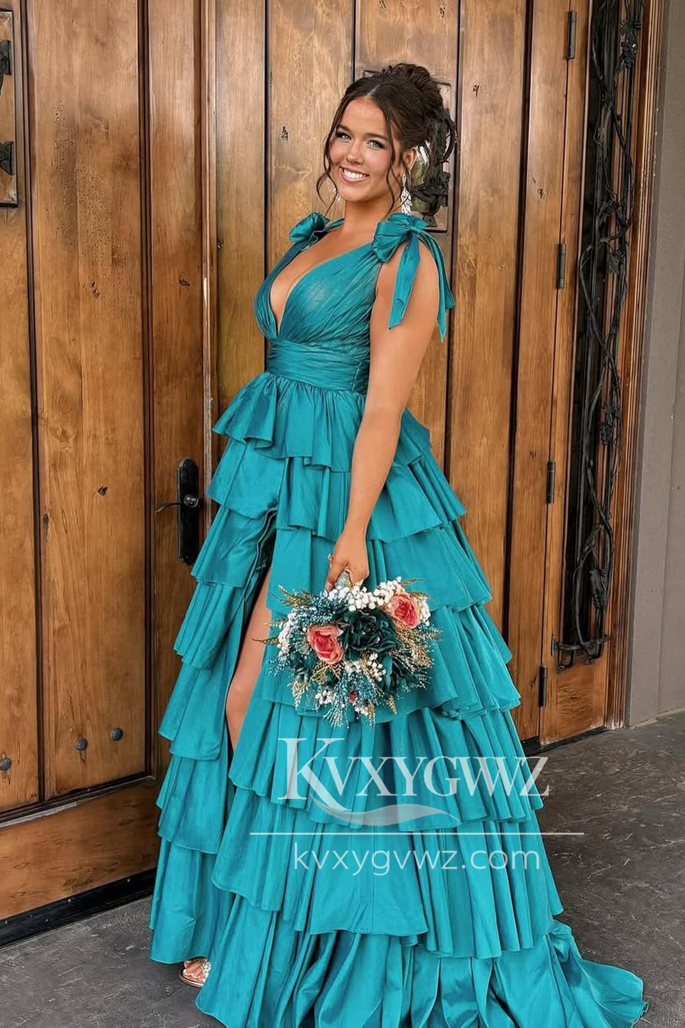 Stunning A Line V Neck Evening Gown Peacock Blue Taffeta Tiered Prom Dress with Slit LF1385