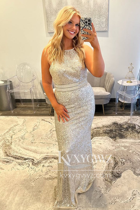 Mermaid Halter Evening Gown Silver Sequins Long Prom Dress With Sweep Train LF1386