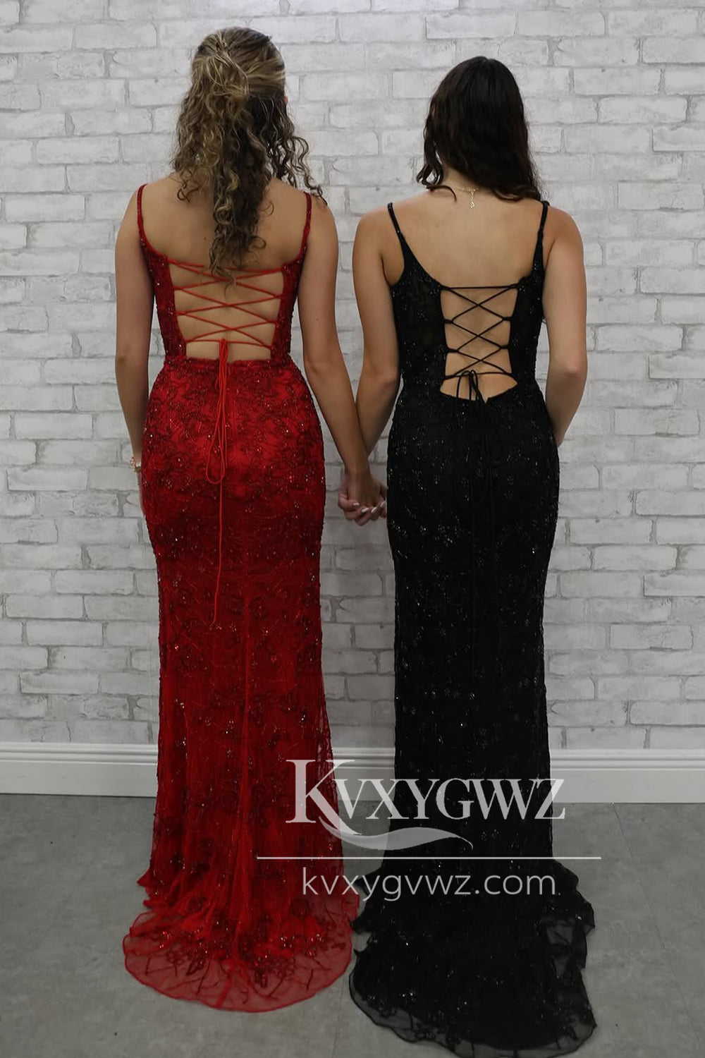 Mermaid V Neck Red Evening Gown Sequin Lace Long Prom Dress with Slit LF1387