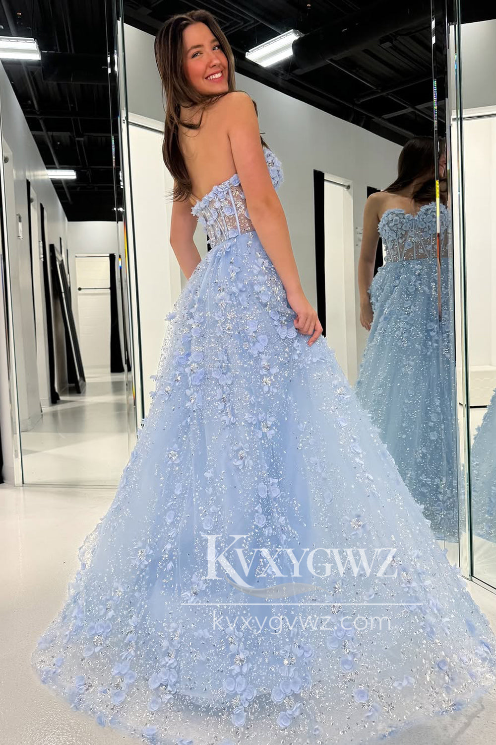 A-Line Strapless Light Blue Evening Gown Sequins Long Prom Dress with 3D Flower Appliques LF1388