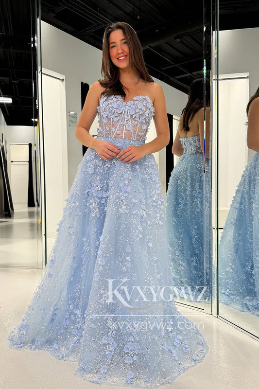 A-Line Strapless Light Blue Evening Gown Sequins Long Prom Dress with 3D Flower Appliques LF1388