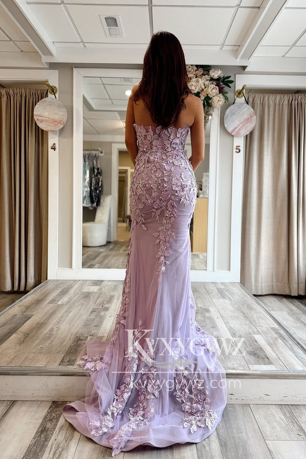Mermaid Strapless Lilac Evening Gown Long Prom Dress with Appliques LF1389