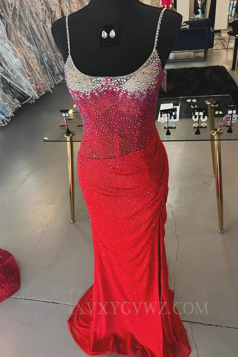 Sparkly Royal Blue Spaghetti Straps Mermaid Corset Long Prom Dress with Slit LF139