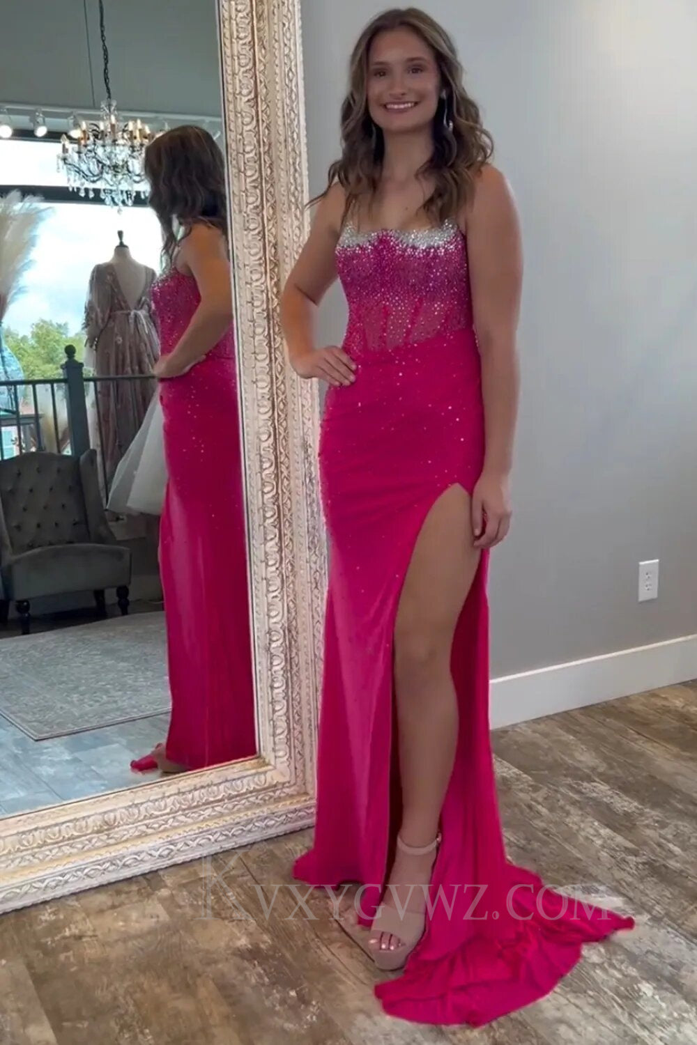 Sparkly Royal Blue Spaghetti Straps Mermaid Corset Long Prom Dress with Slit LF139