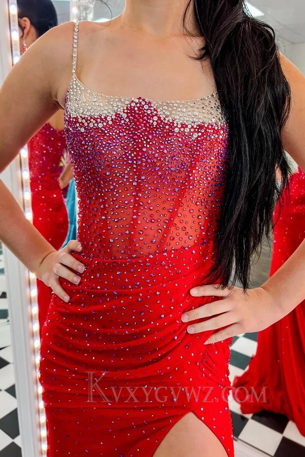 Sparkly Royal Blue Spaghetti Straps Mermaid Corset Long Prom Dress with Slit LF139