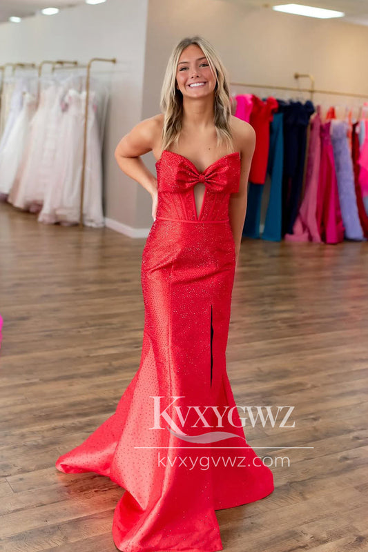 Mermaid Sweetheart Red Evening Gown Satin Beads Sweep Train Long Prom Dress with Slit LF1391