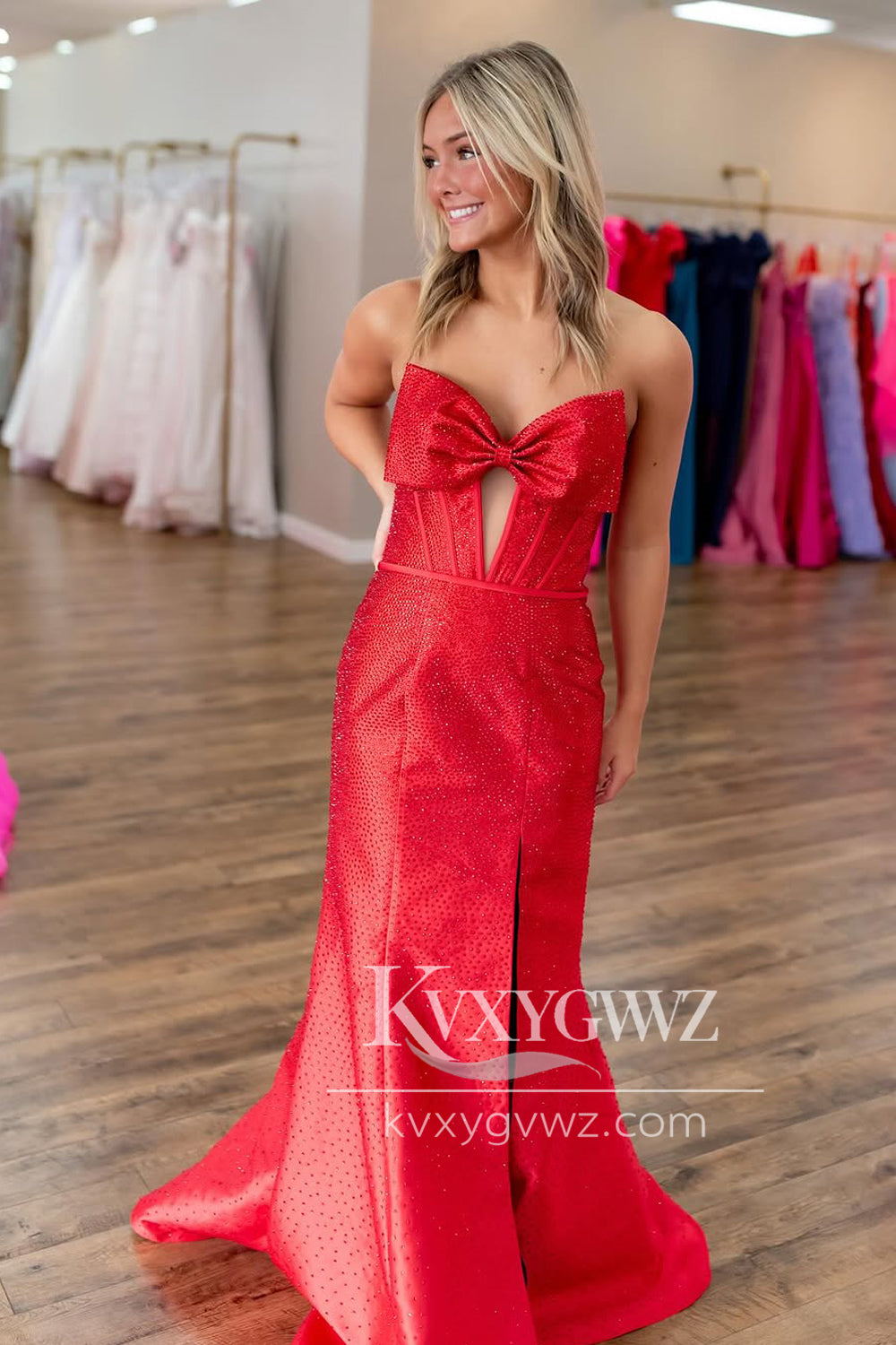 Mermaid Sweetheart Red Evening Gown Satin Beads Sweep Train Long Prom Dress with Slit LF1391