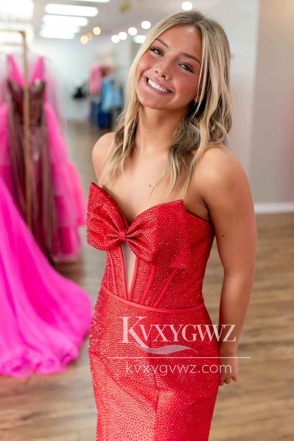 Mermaid Sweetheart Red Evening Gown Satin Beads Sweep Train Long Prom Dress with Slit LF1391