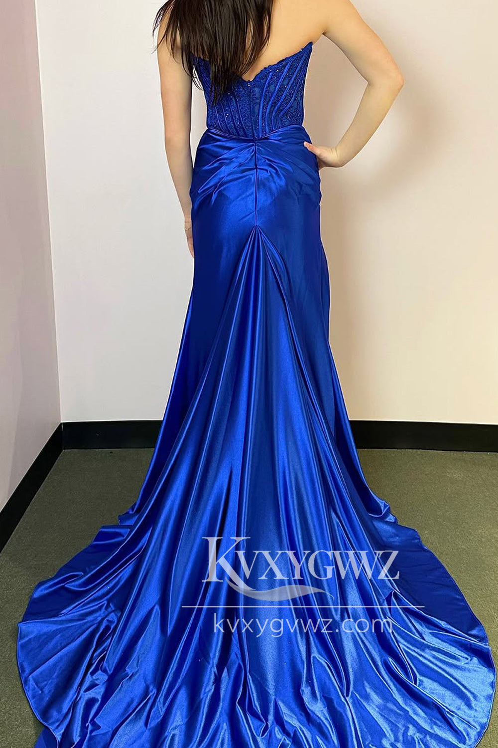 Mermaid Strapless Royal Blue Evening Gown Satin Long Prom Dress with Slit LF1392