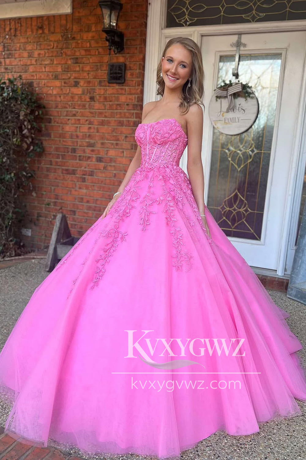 A-Line Strapless Evening Gown Pink Tulle Long Prom Dress with Appliques LF1393