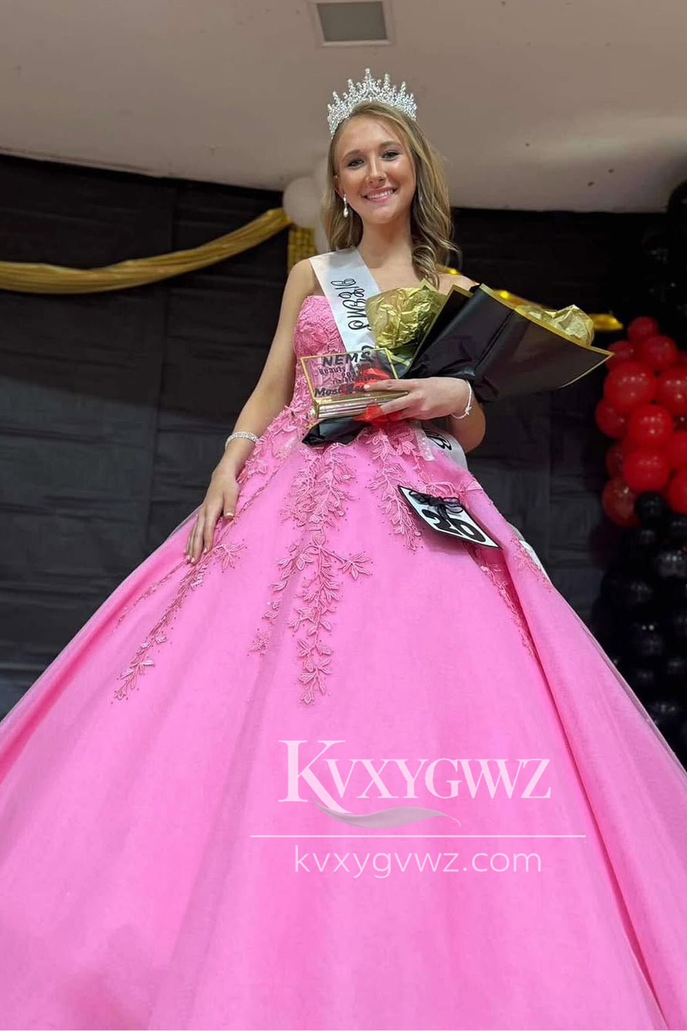 A-Line Strapless Evening Gown Pink Tulle Long Prom Dress with Appliques LF1393
