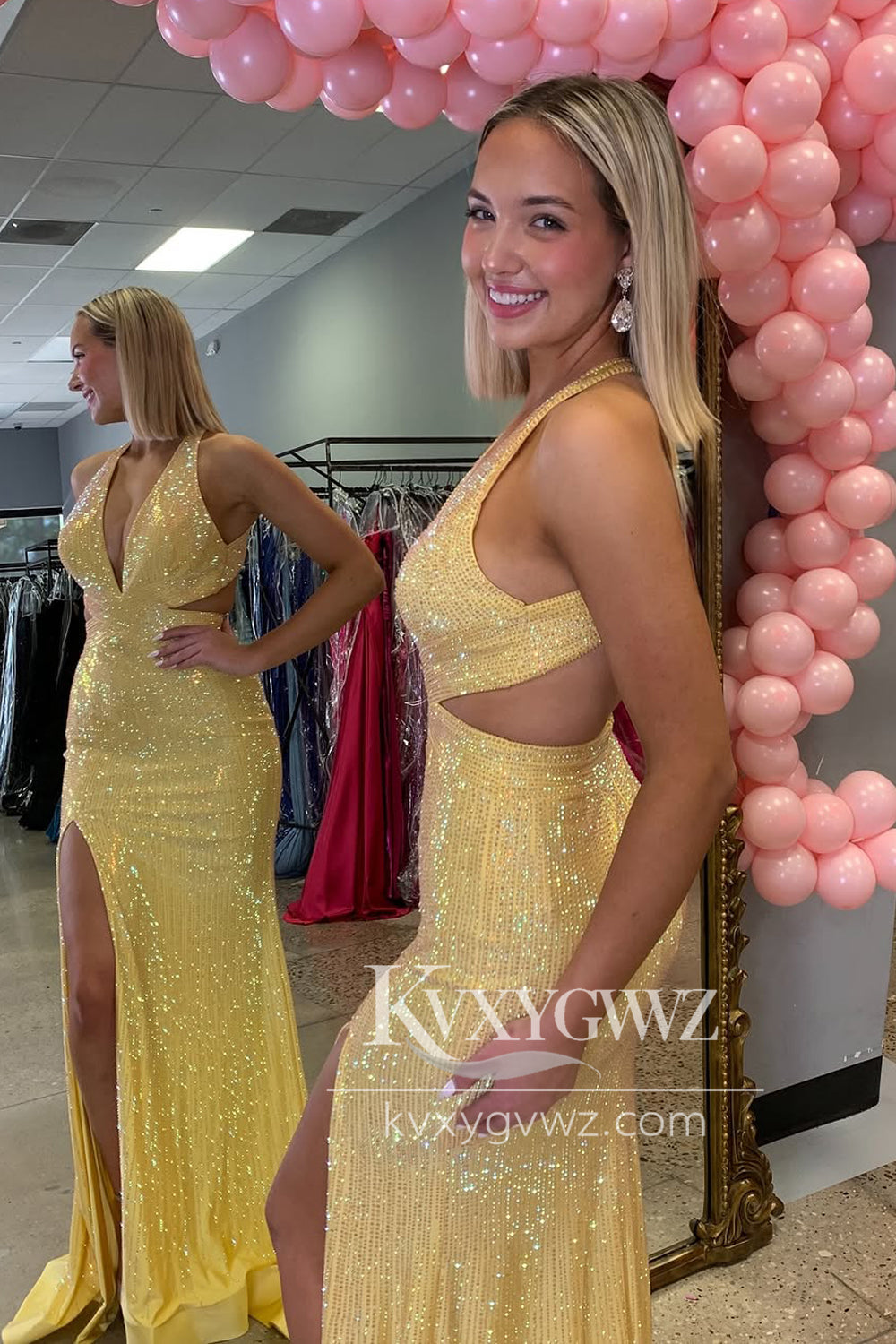 Mermaid Halter Evening Gown Yellow Beads Long Prom Dress with Slit LF1394