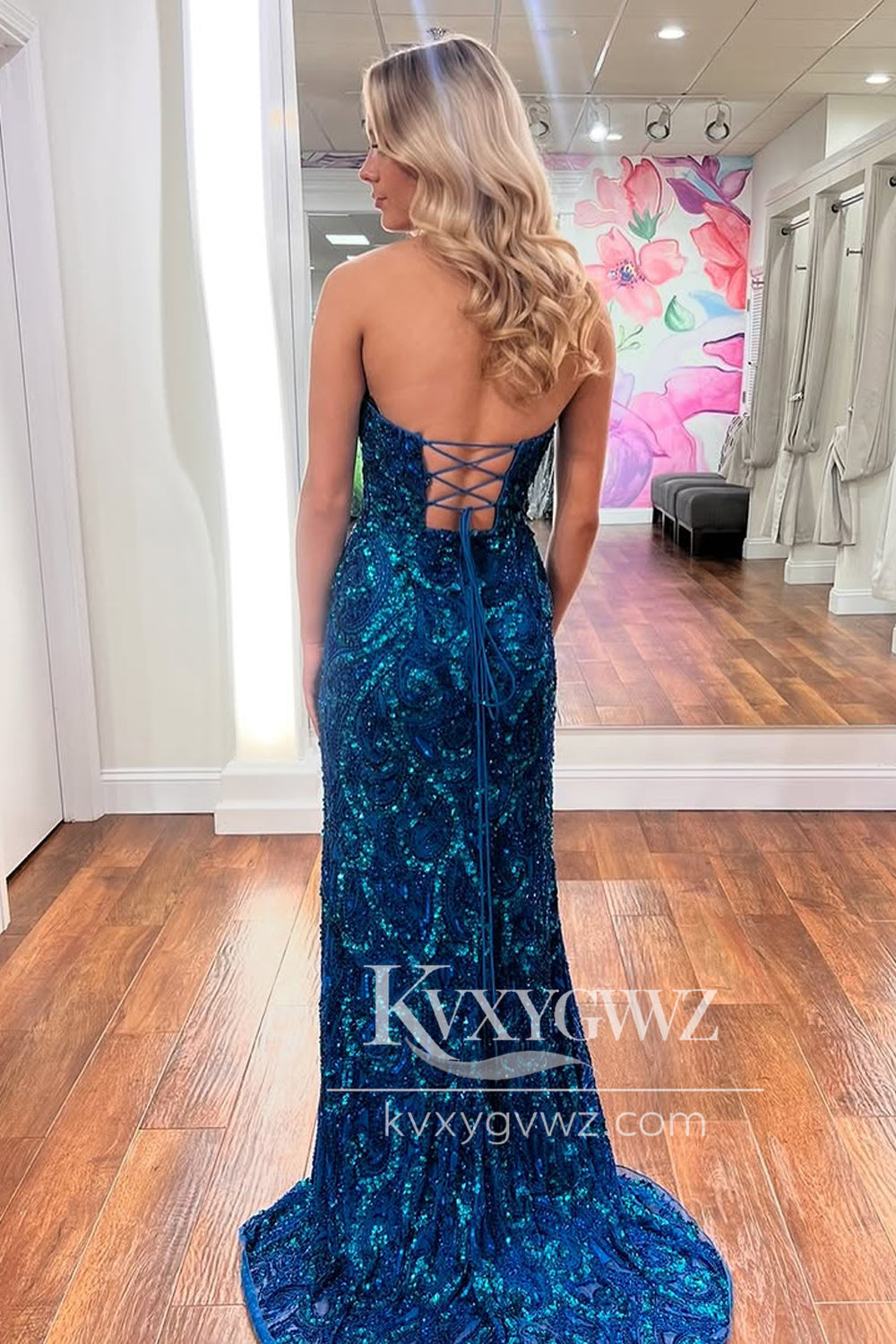 Mermaid Strapless Royal Blue Evening Gown Sequins Long Prom Dress with Slit LF1395