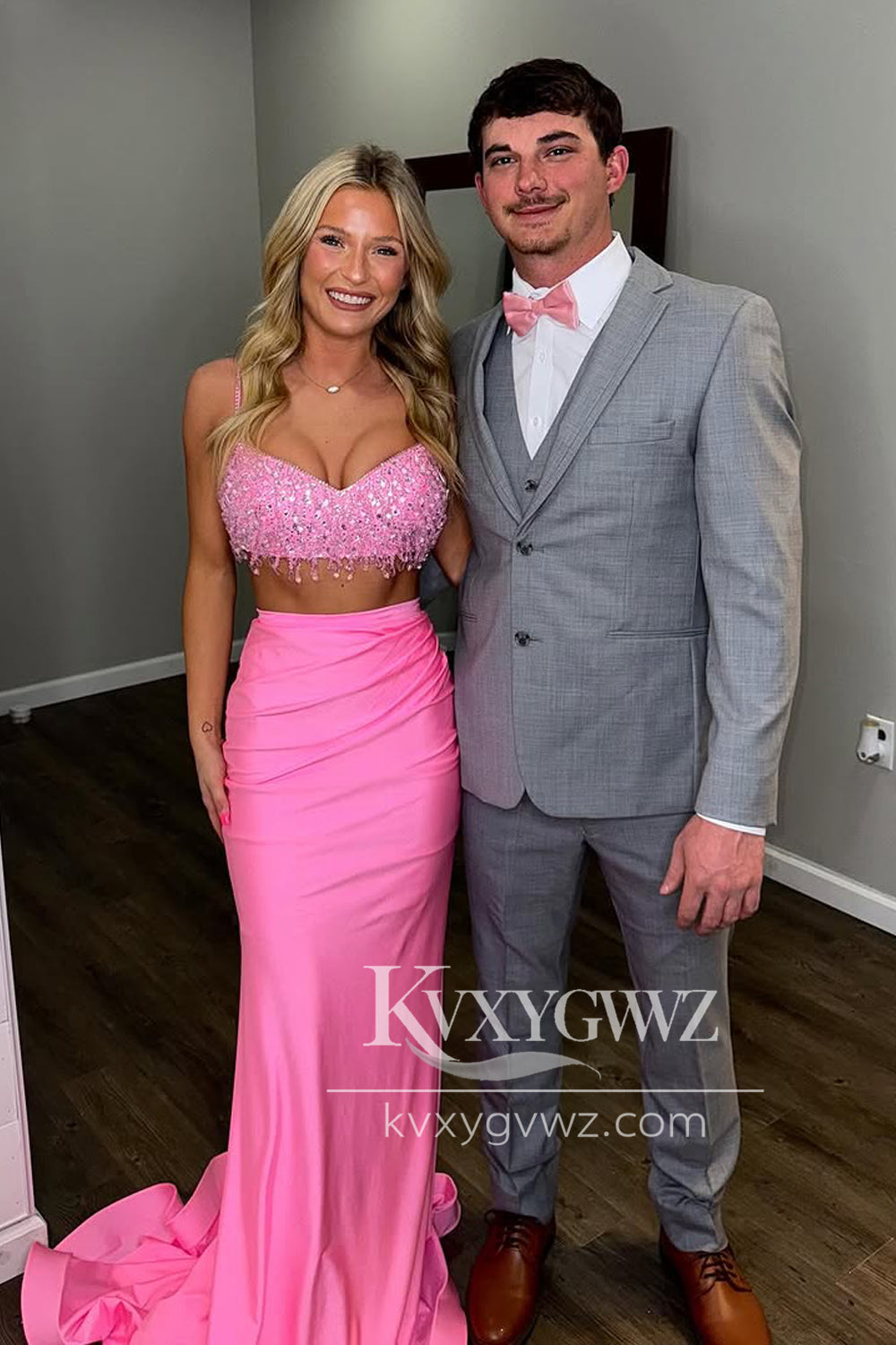Two Piece V Neck Pink Sequins Evening Gown Sweep Train Long Prom Dress LF1396