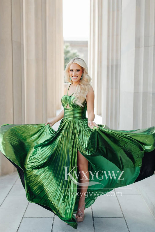 A-Line Halter Green Evening Gown Satin Keyhole Pleated Long Prom Dress LF1397