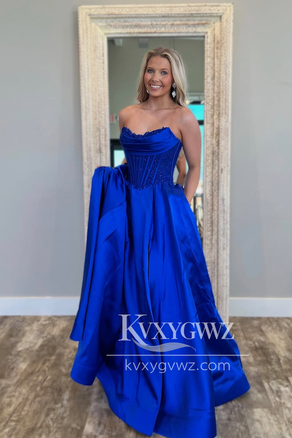 A-Line Strapless Royal Blue Evening Gown Satin Long Prom Dress with Pockets LF1400