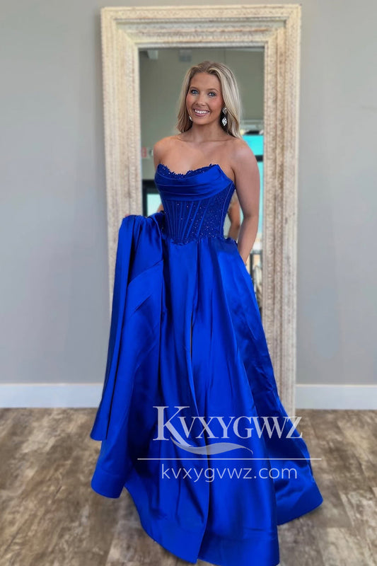 A-Line Strapless Royal Blue Evening Gown Satin Long Prom Dress with Pockets LF1400