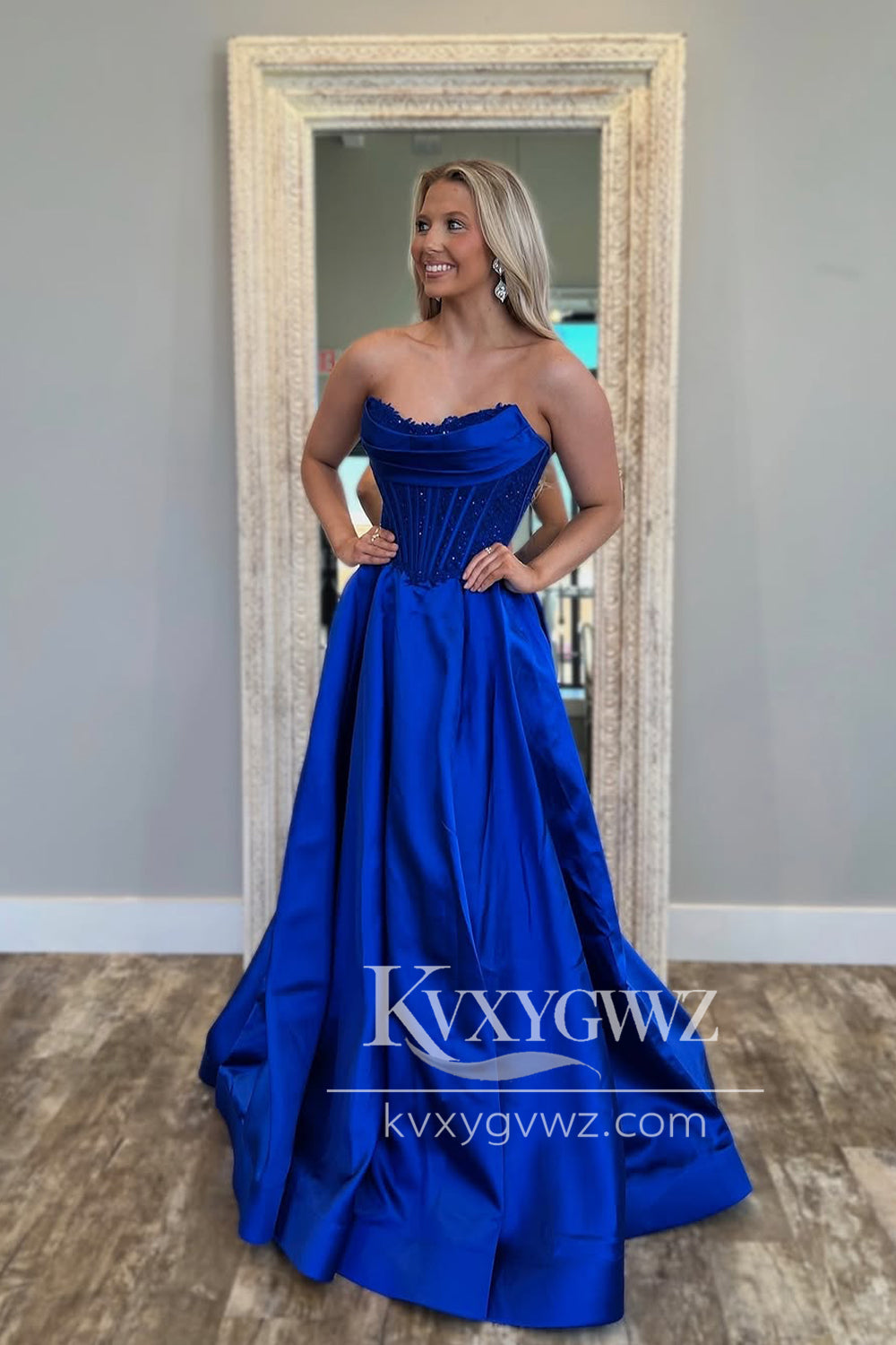A-Line Strapless Royal Blue Evening Gown Satin Long Prom Dress with Pockets LF1400