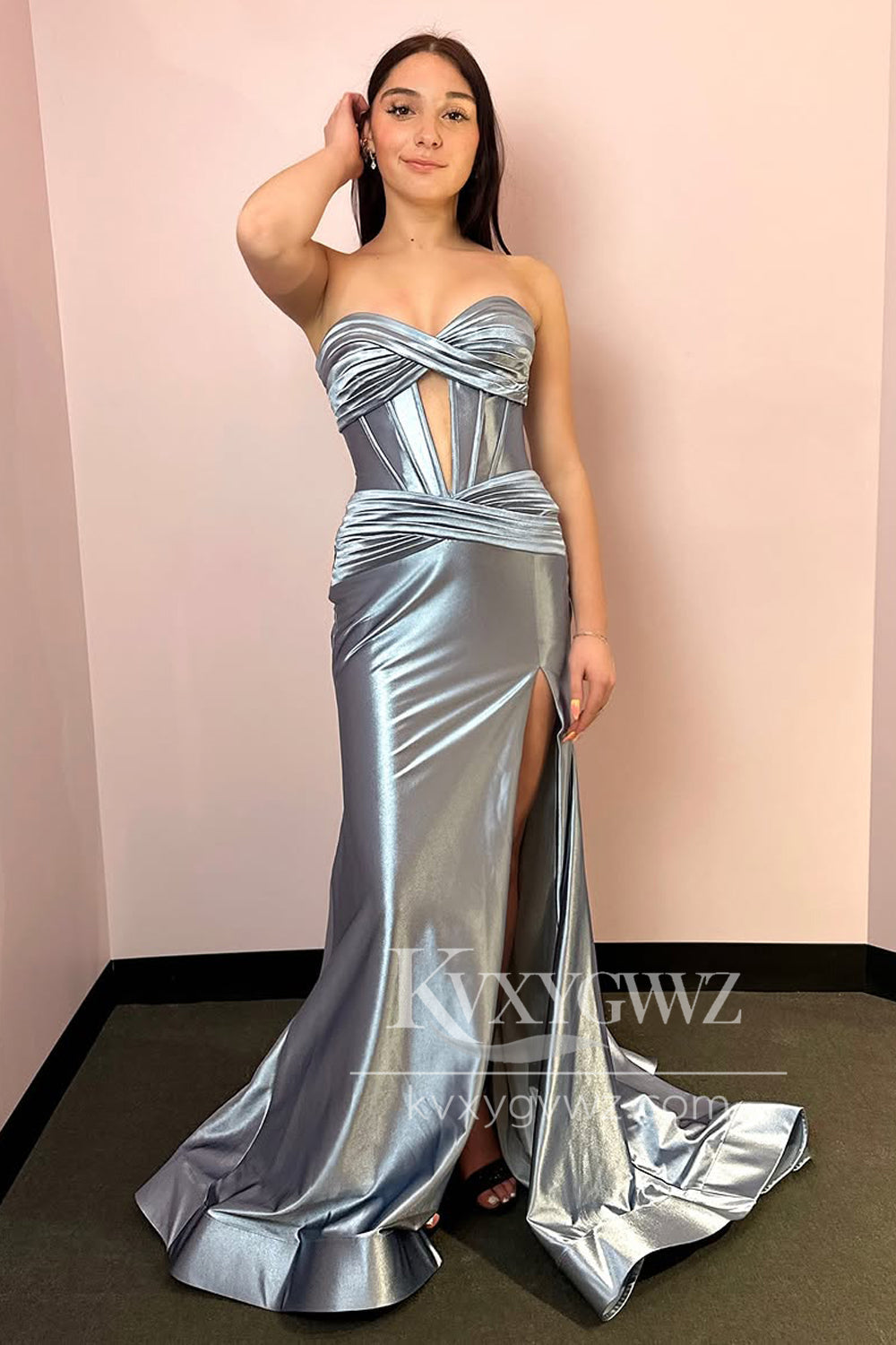 Mermaid Sweetheart Silver Evening Gown Satin Sweep Train Long Prom Dress with Slit LF1401