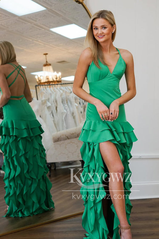 Stunning Sheath V Neck Green Evening Gown Satin Ruffles Prom Dress with Slit LF1402